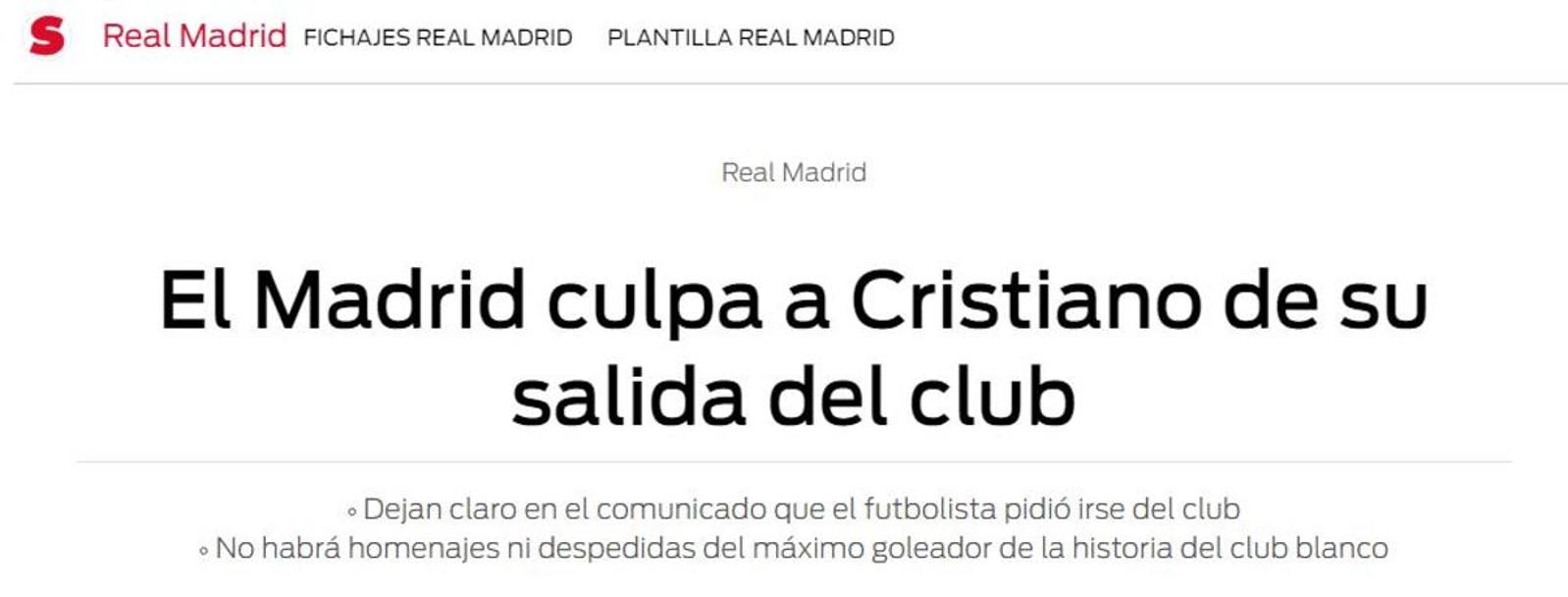 L&#39;altro quotidiano catalano Sport sostiene che il Real - nel suo comunicato ufficiale - in pratica incolpa Ronaldo dell&#39;addio.